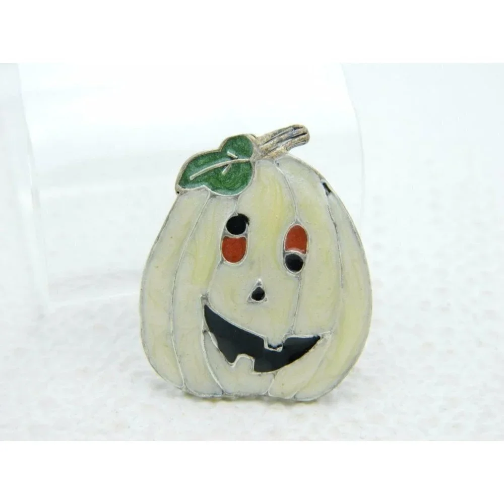 Vintage Halloween Goofy Eyed Pumpkin White Enamel